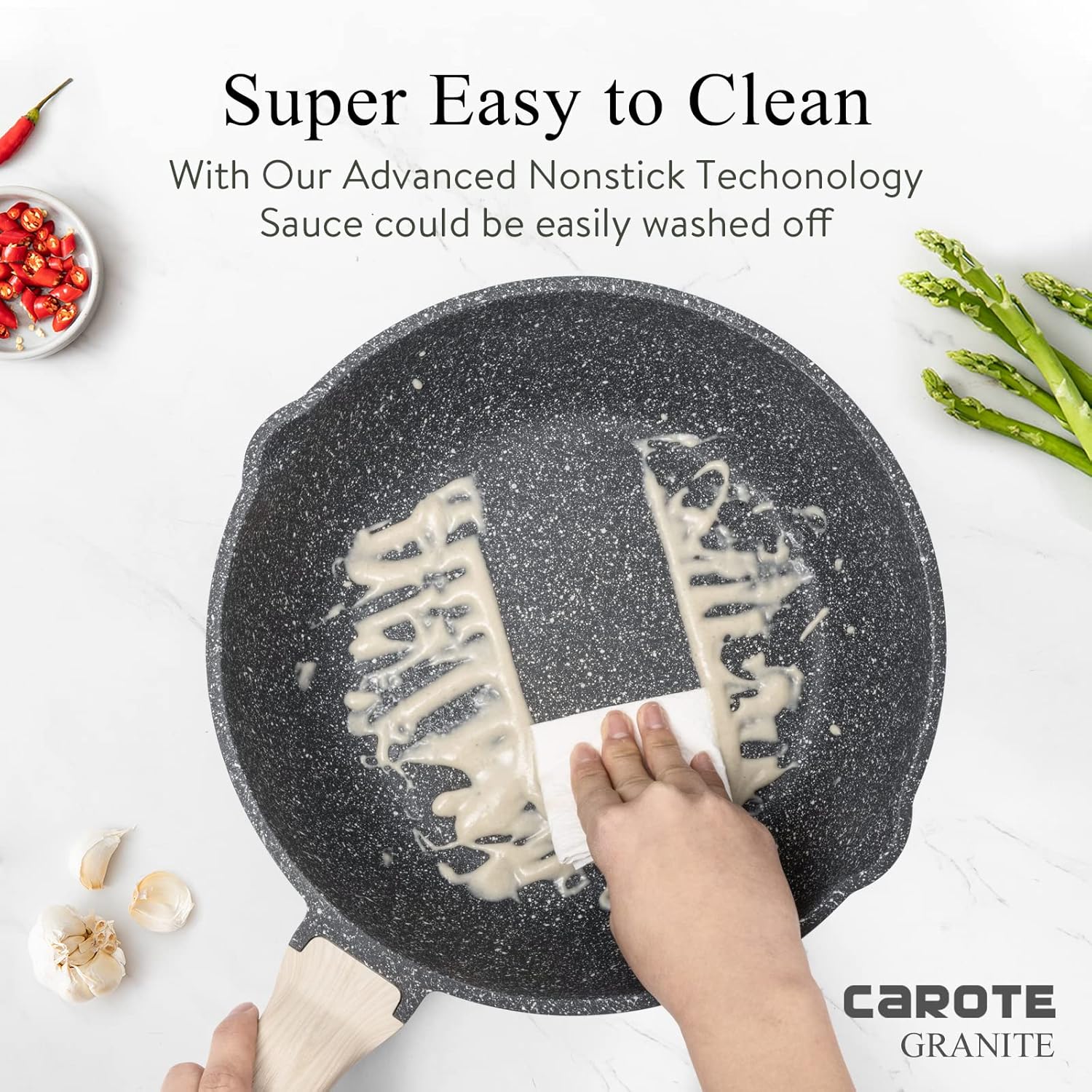 CAROTE 12Inch Nonstick Deep Frying Pan with Lid, 5.5 Qt Jumbo Cooker Saute Pan with Pour Spout, Skillet Induction Cookware, Non Stick Cooking Pan PFOA Free, Classic Granite-2