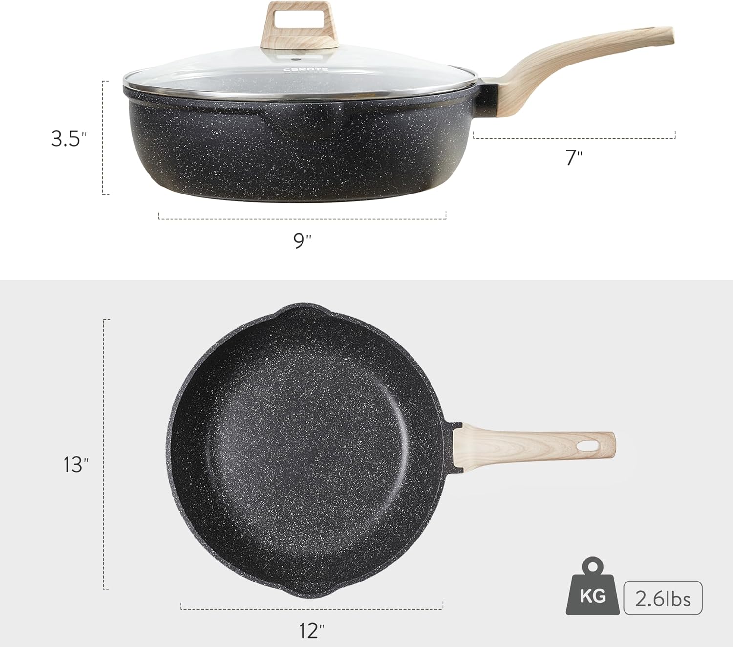 CAROTE 12Inch Nonstick Deep Frying Pan with Lid, 5.5 Qt Jumbo Cooker Saute Pan with Pour Spout, Skillet Induction Cookware, Non Stick Cooking Pan PFOA Free, Classic Granite-6