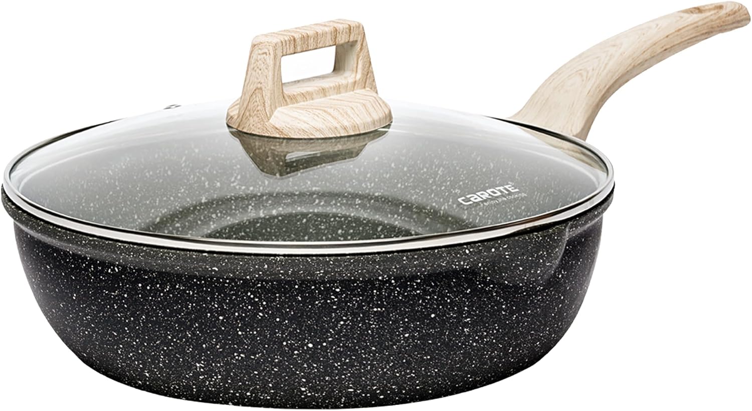 CAROTE 12Inch Nonstick Deep Frying Pan with Lid, 5.5 Qt Jumbo Cooker Saute Pan with Pour Spout, Skillet Induction Cookware, Non Stick Cooking Pan PFOA Free, Classic Granite-7