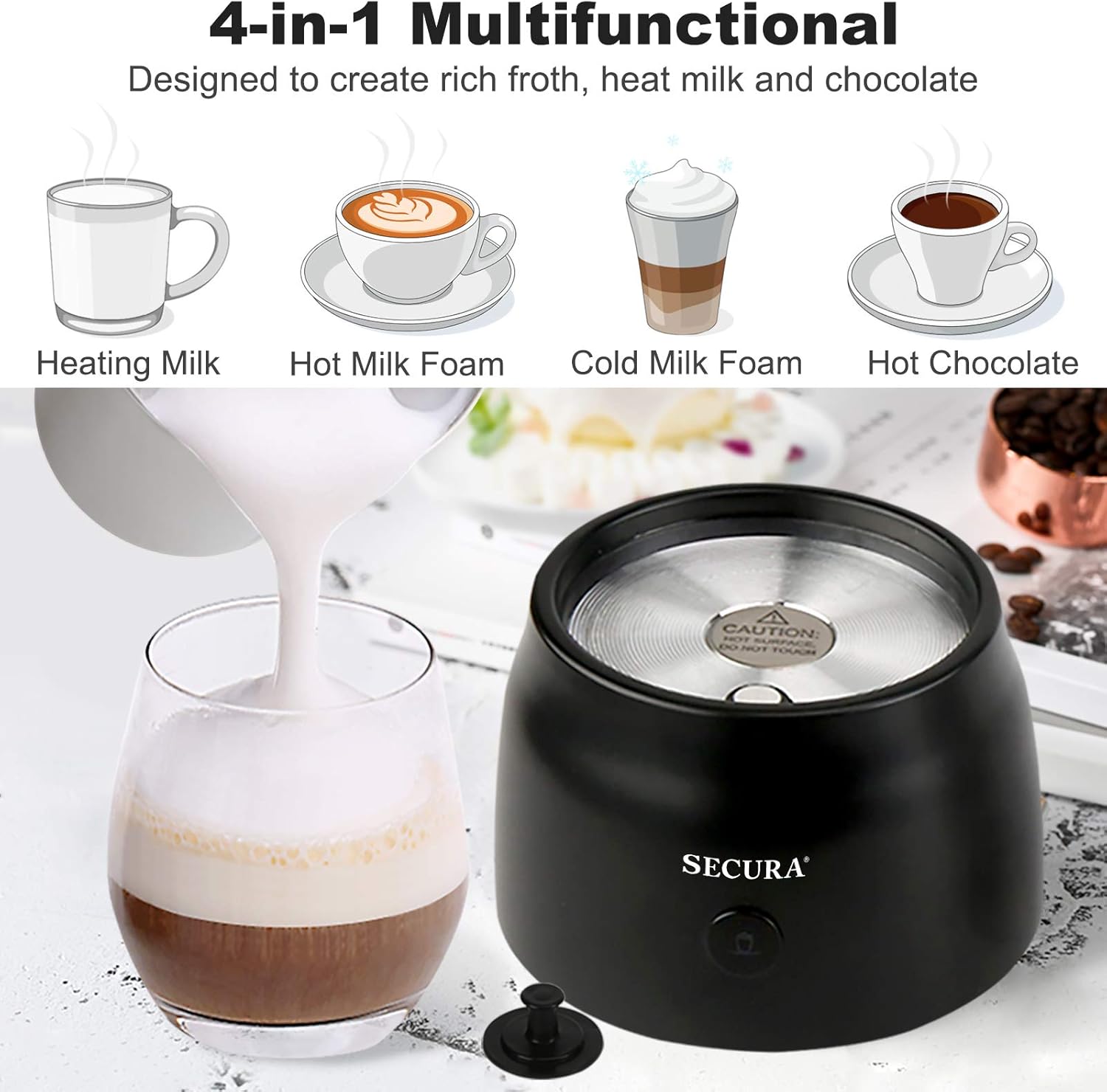 Secura Detachable Milk Frother, 17oz Electric Milk Steamer Stainless Steel, Automatic Hot/Cold Foam and Hot Chocolate Maker with Dishwasher Safe, 120V-1