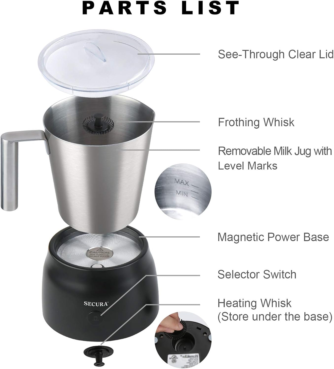 Secura Detachable Milk Frother, 17oz Electric Milk Steamer Stainless Steel, Automatic Hot/Cold Foam and Hot Chocolate Maker with Dishwasher Safe, 120V-6