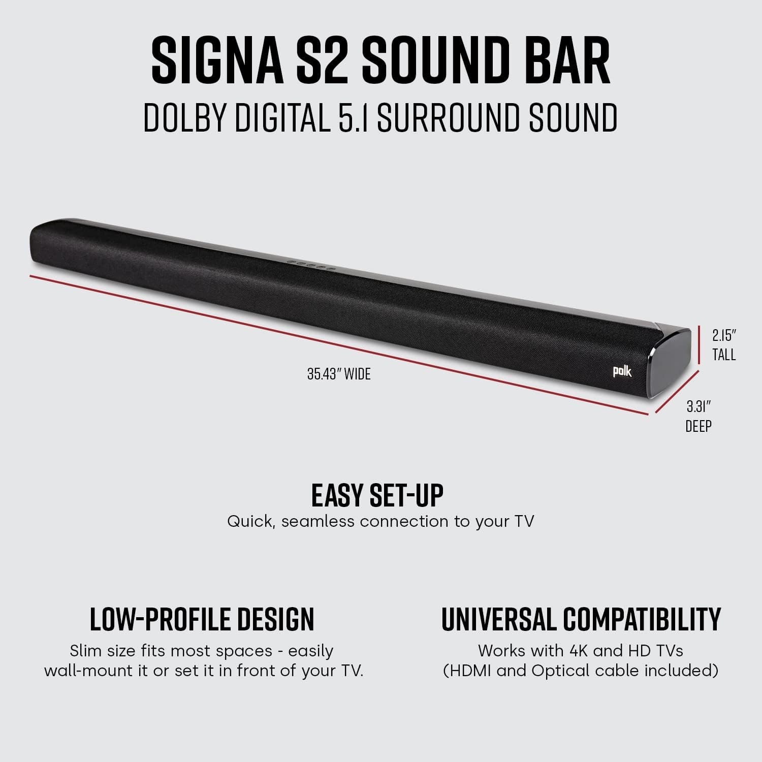 Polk Audio Signa S2 Sound Bar & Wireless Subwoofer – Exclusive VoiceAdjust Technology, Ultra-Slim Design, Works with 4K & HD TVs, HDMI & Optical, Bluetooth, Wireless Streaming-1