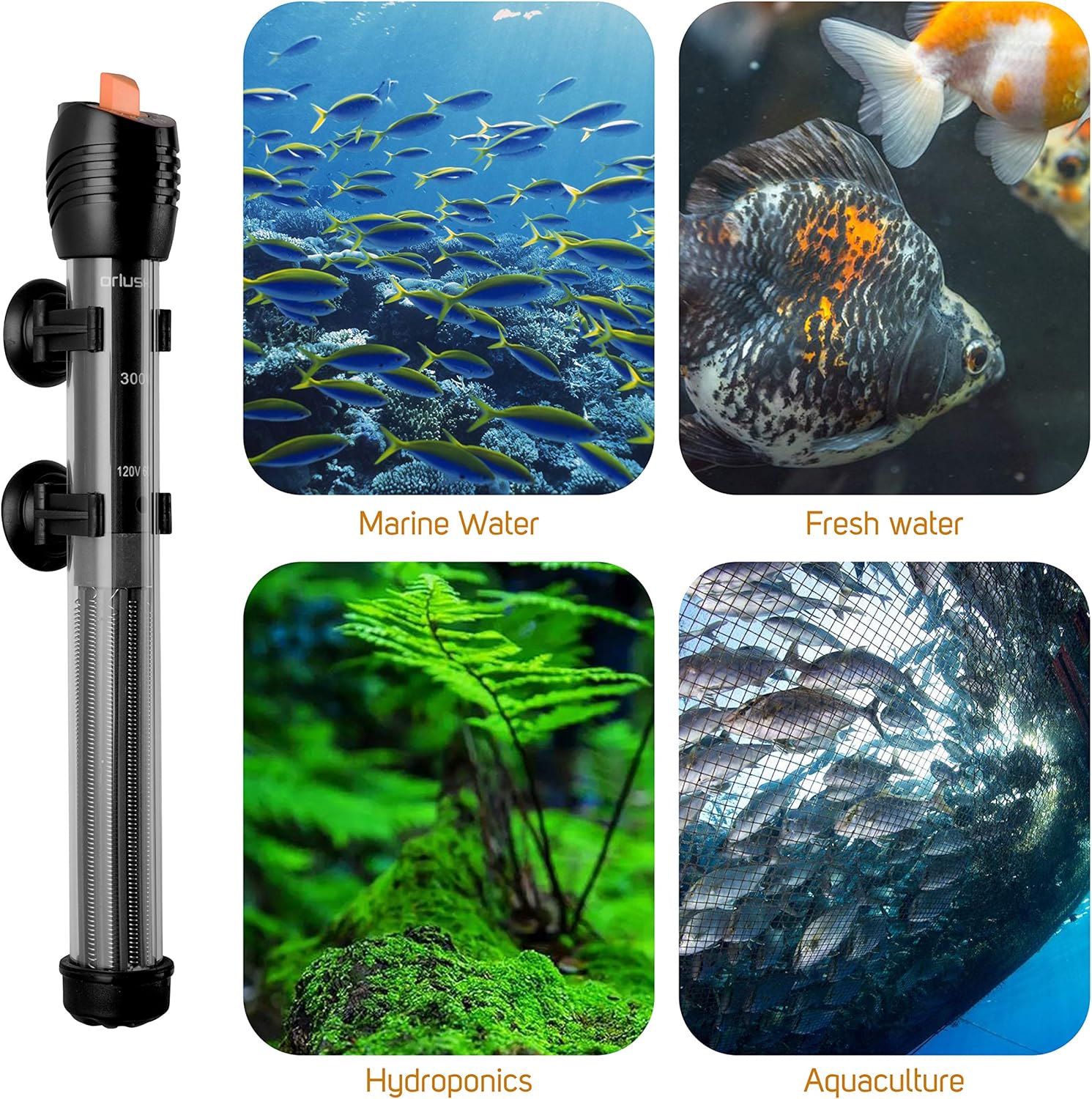 Orlushy Submersible Aquarium Heater,300W Adjustable Fish Tahk Heater with 2 Suction Cups Free Thermometer Suitable for Marine Saltwater and Freshwater-3