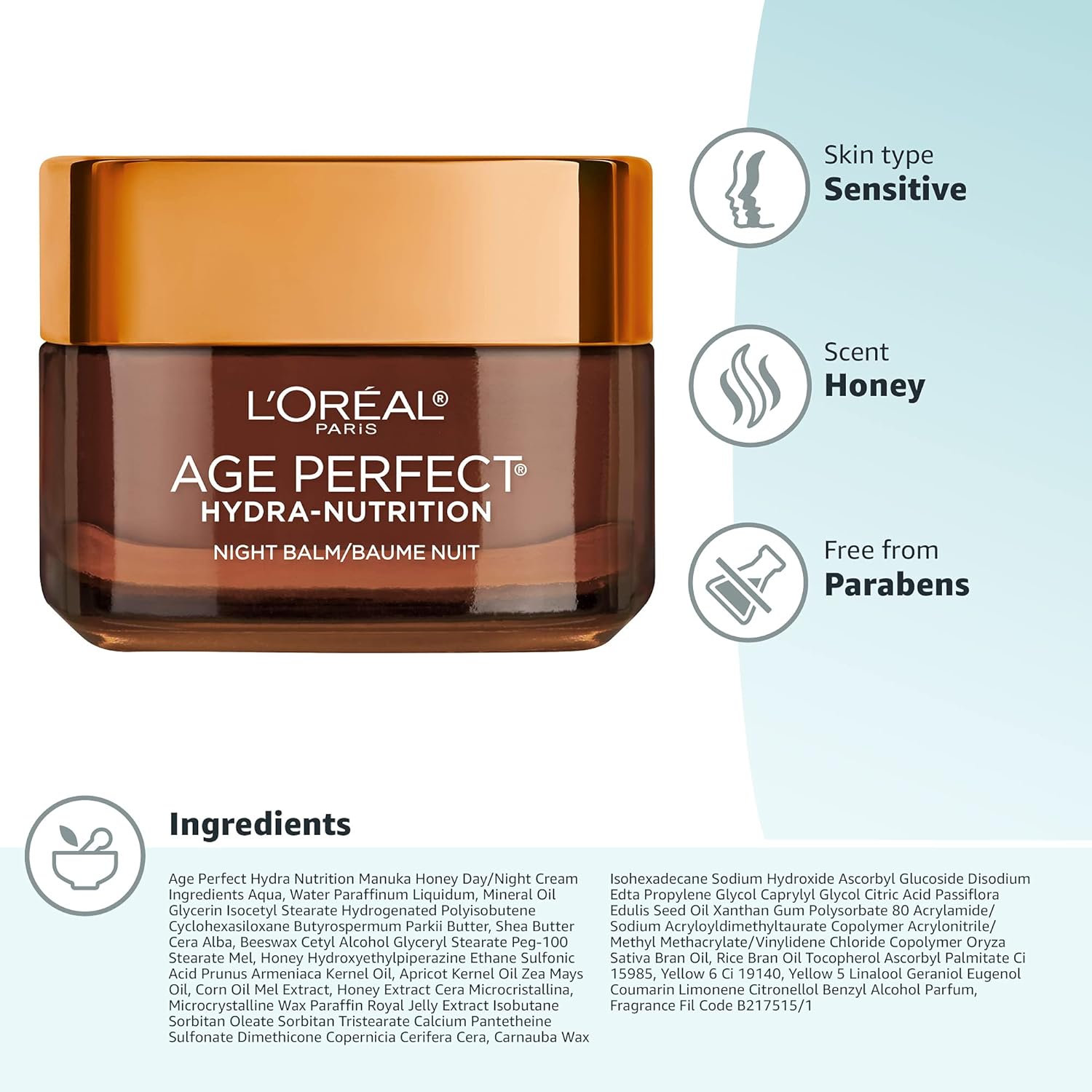 L'Oreal Paris Skincare Age Perfect Hydra Nutrition Ultra Nourishing Honey Night Balm, Face Moisturizer to Comfort, Improve Resilience on Dry Skin, Manuka Honey and Nurturing Oils, 1.7 oz.-10