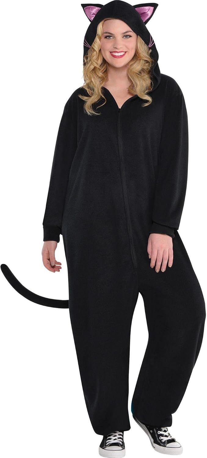 Amscan Zipster Black Cat Onesie Costume, Adult, Plus Size, Includes Hood-0