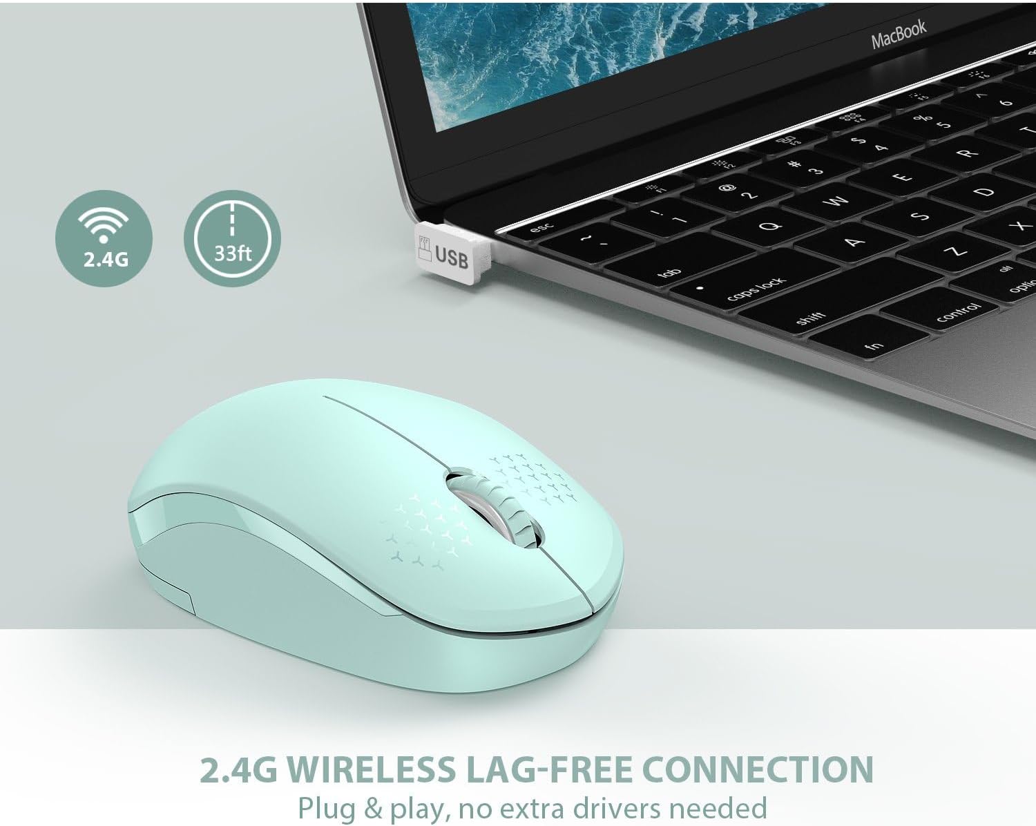 seenda Wireless Mouse, 2.4G Noiseless Mouse with USB Receiver - Portable Computer Mice for PC, Tablet, Laptop with Windows System - Mint Green-3