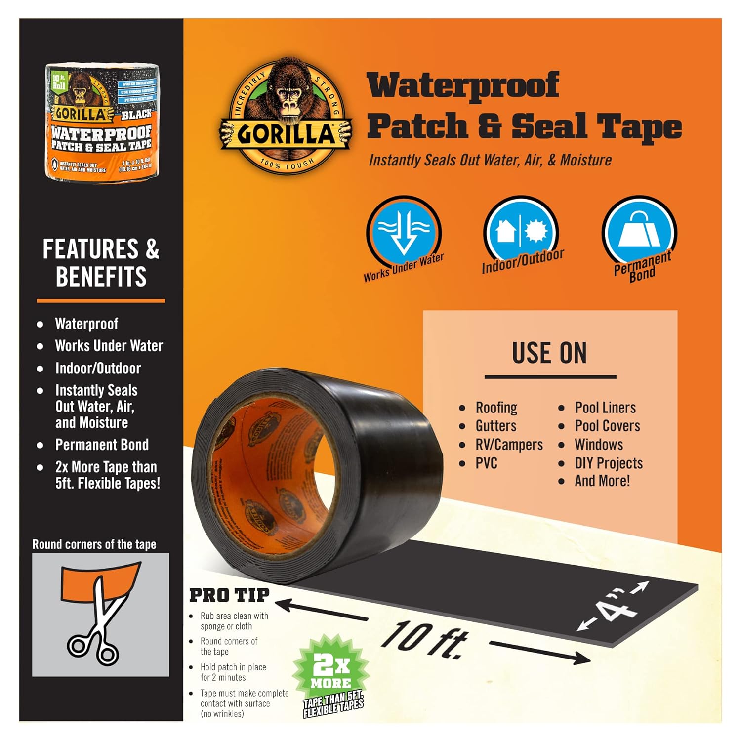 Gorilla Waterproof Patch & Seal Tape 4" x 10' Black, (Pack of 1)-2