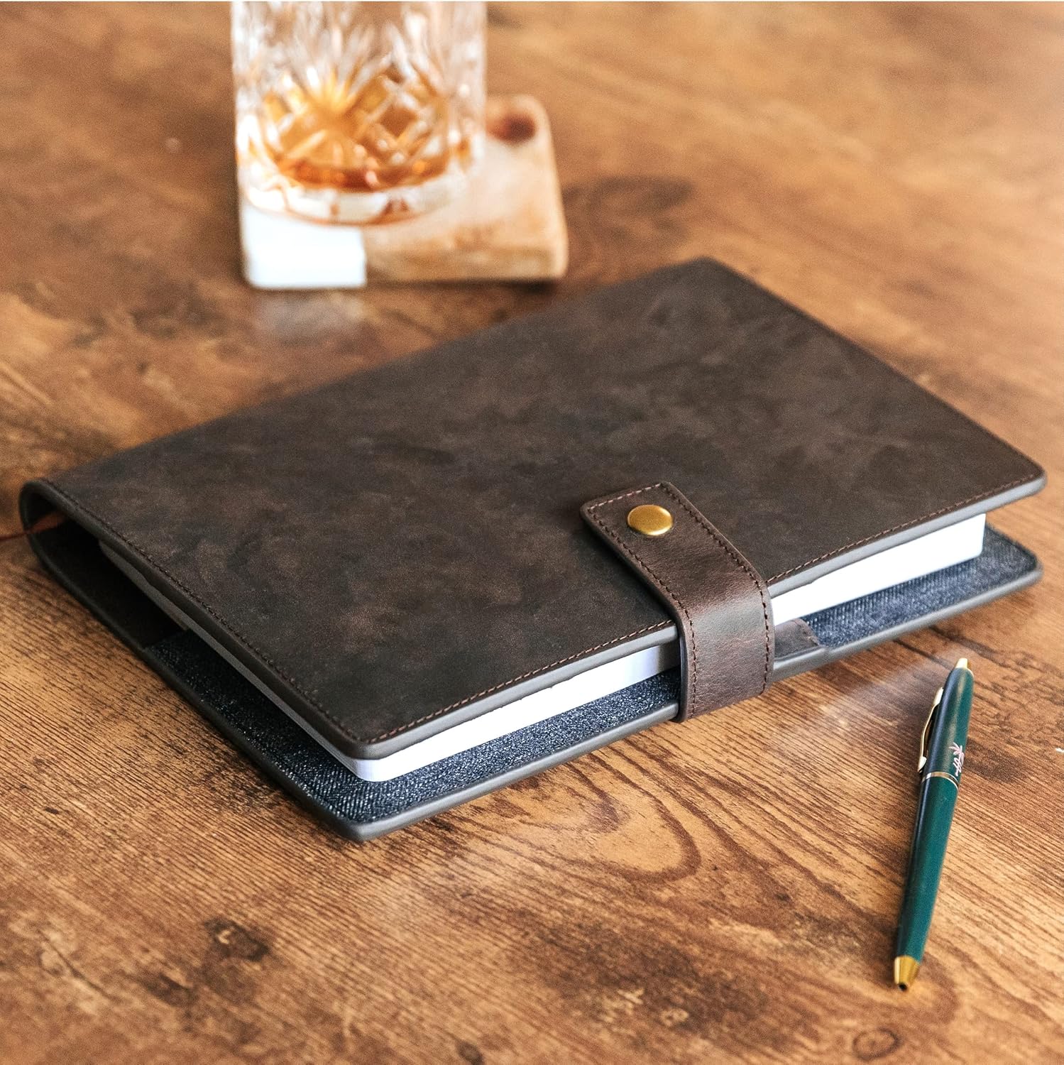 CASE ELEGANCE Full Grain Premium Leather Refillable Journal Cover with A5 Lined Notebook, Pen Loop, Card Slots, Brass Snap-5