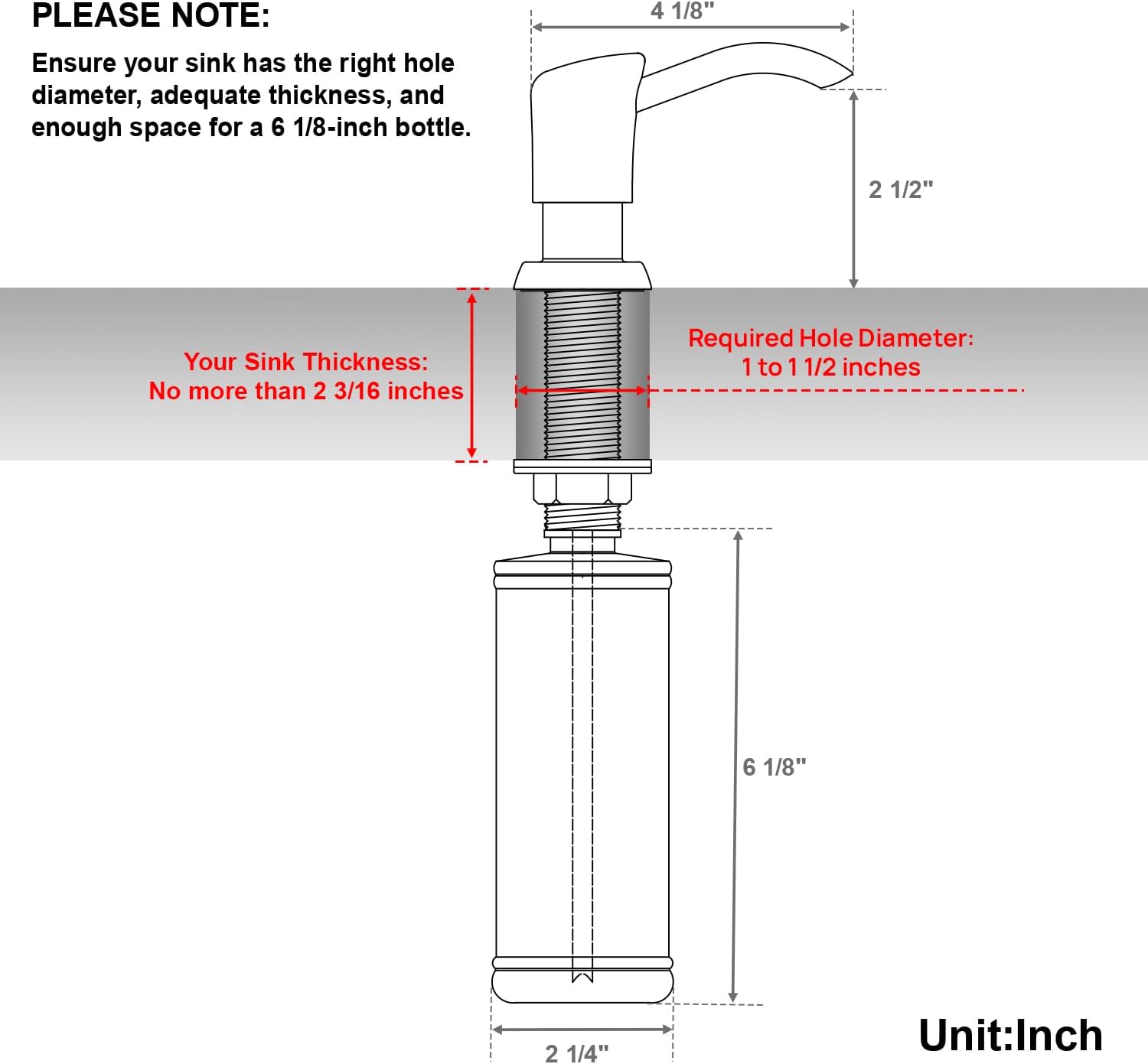 GAGALIFE Built in Sink Soap Dispenser or Lotion Dispenser for Kitchen Sink, Brushed Nickel ABS Pump Head, with 13 Ounce Large PET Soap Bottle-1