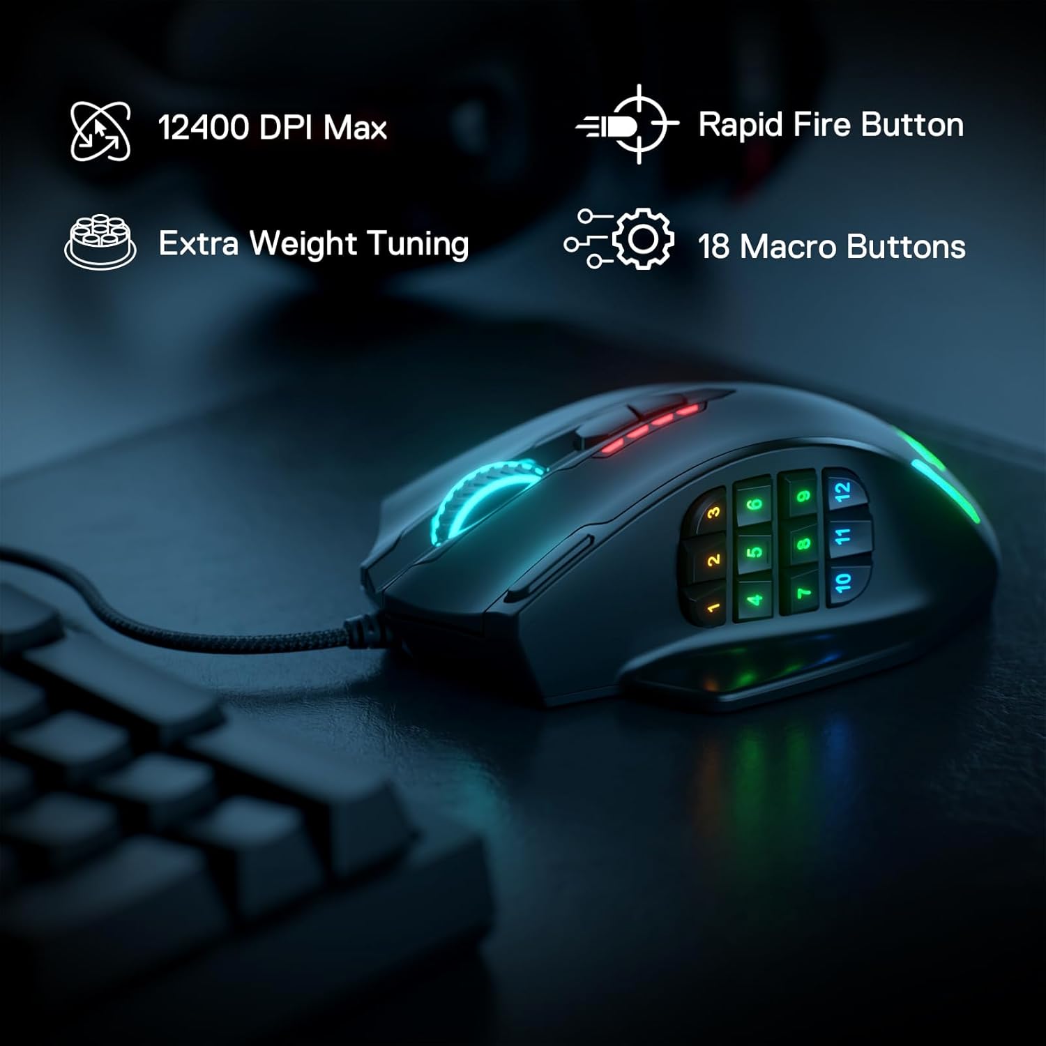 Redragon M908 Impact RGB LED MMO Gaming Mouse with 12 Side Buttons, Optical Wired Ergonomic Gamer Mouse with Max 12,400DPI, High Precision, 18 Programmable Macro Shortcuts, Comfort Grip-1