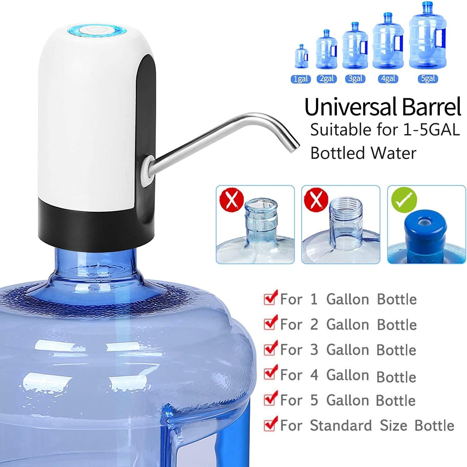 Water Bottle Pump 5 Gallon Water Bottle Dispenser USB Charging Automatic Drinking Water Pump Portable Electric Water Dispenser Water Bottle Switch (White)-3