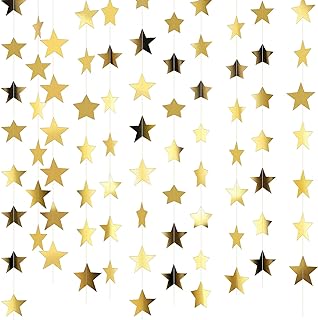 Patelai Glitter Star Garland Banner Decor, 130 Feet Bright Star Hanging Bunting Banner Backdrop for 2024 New Year Graduation Wedding Birthday Party Decor (Gold)