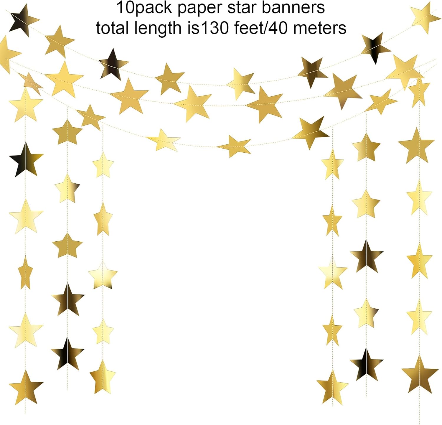 Patelai Glitter Star Garland Banner Decor, 130 Feet Bright Star Hanging Bunting Banner Backdrop for 2024 New Year Graduation Wedding Birthday Party Decor (Gold)-2