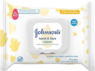 Johnson's Baby Disposable Hand & Face Cleansing Wipes, Pre-Moistened Wipes Gently Remove 99% of Germs & Dirt from Delicate Skin, Paraben-, Phthalate- & Alcohol-Free, Hypoallergenic, 25 ct