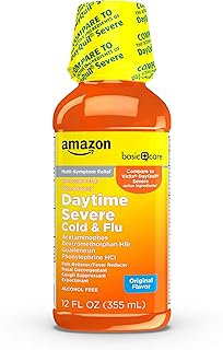 Amazon Basic Care Severe Daytime Cold and Flu, Maximum Strength Liquid Cold Medicine, Non-Drowsy, Multi-Symptom Relief, for Adults and Children Age 6 and Over, Original, 12 fl oz (Pack of 1)