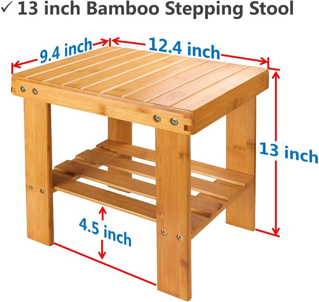 ASelected Bamboo Shower Stool Small 13 Inch Wood Shower Bench Waterproof Wooden Foot Stool with Storage Shelf for Small Spaces Bathroom Bedside Inside Shower Entryway Shoe Spa Bench-1