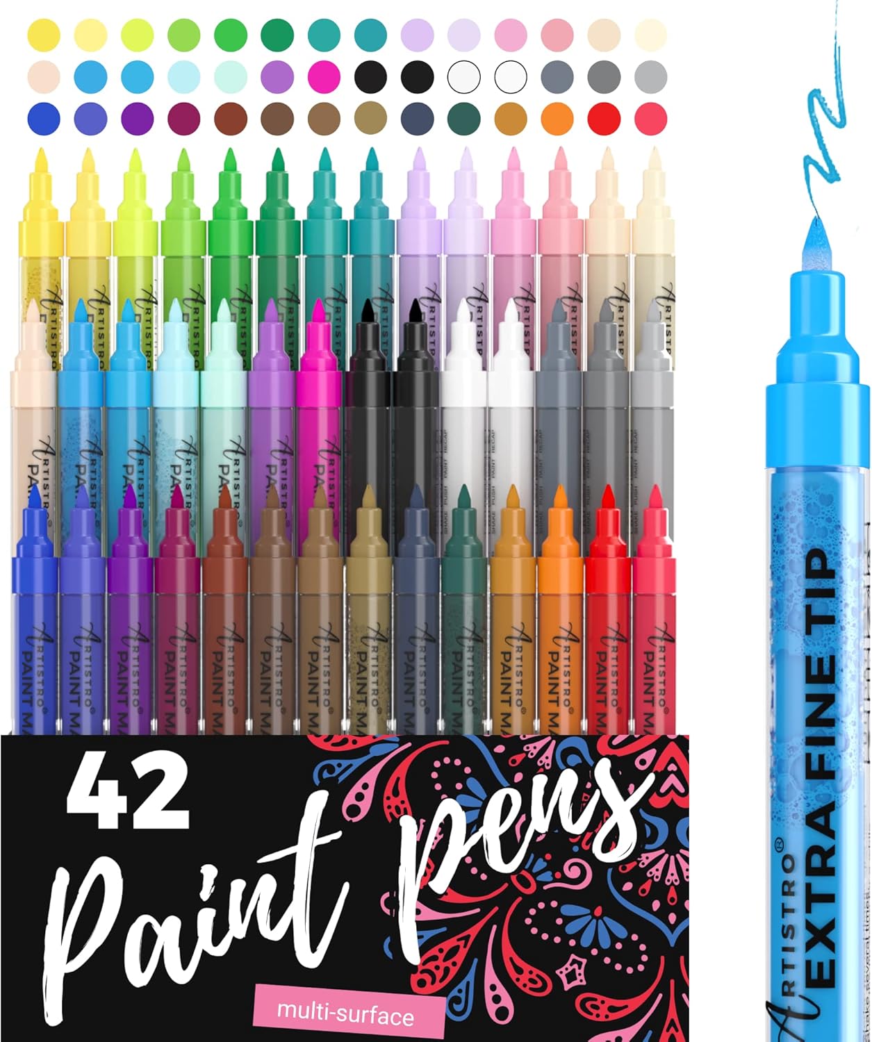 ARTISTRO 42 Acrylic Paint Pens, Art Set Acrylic Paint Markers, Fabric Markers for Textile, Canvas, Rock, Glass, Wood, Paper, DIY, Paint Markers for Kids and Adults, Extra Fine-0