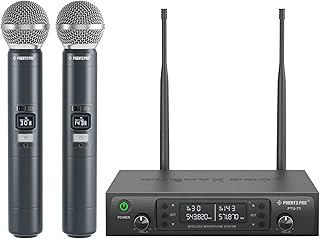 Phenyx Pro Wireless Microphone System, Dual Wireless Mics,w/ 2 Handheld Dynamic Microphones, Auto Scan,2x100 UHF Frequencies,328ft Range,Microphone for Singing, Karaoke, Church(PTU-71-2H)