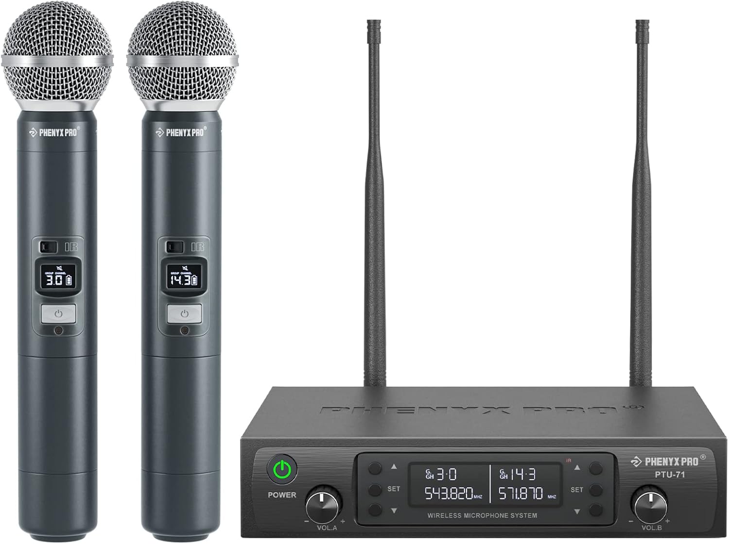 Phenyx Pro Wireless Microphone System, Dual Wireless Mics,w/ 2 Handheld Dynamic Microphones, Auto Scan,2x100 UHF Frequencies,328ft Range,Microphone for Singing, Karaoke, Church(PTU-71-2H)-0