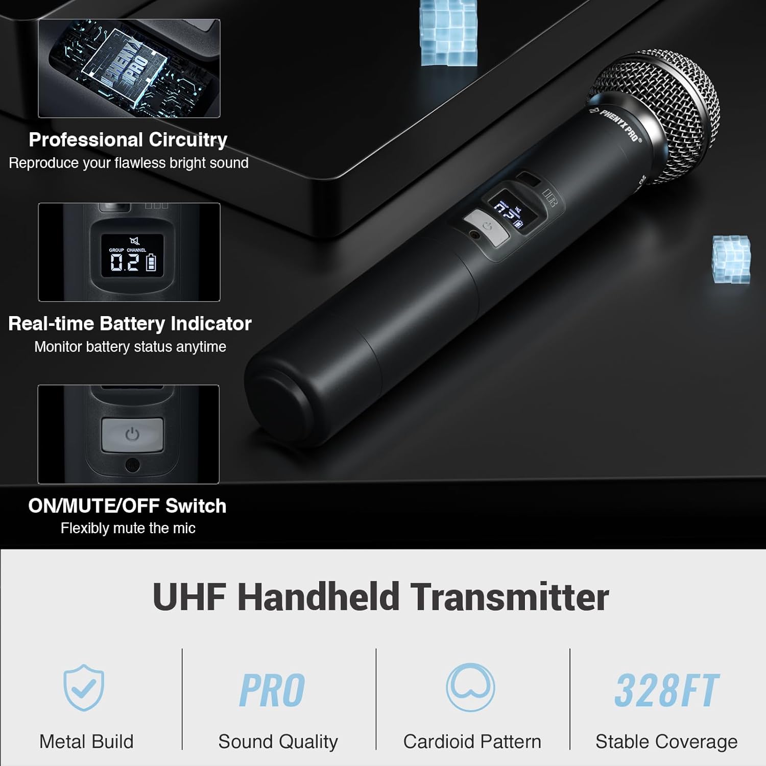 Phenyx Pro Wireless Microphone System, Dual Wireless Mics,w/ 2 Handheld Dynamic Microphones, Auto Scan,2x100 UHF Frequencies,328ft Range,Microphone for Singing, Karaoke, Church(PTU-71-2H)-3