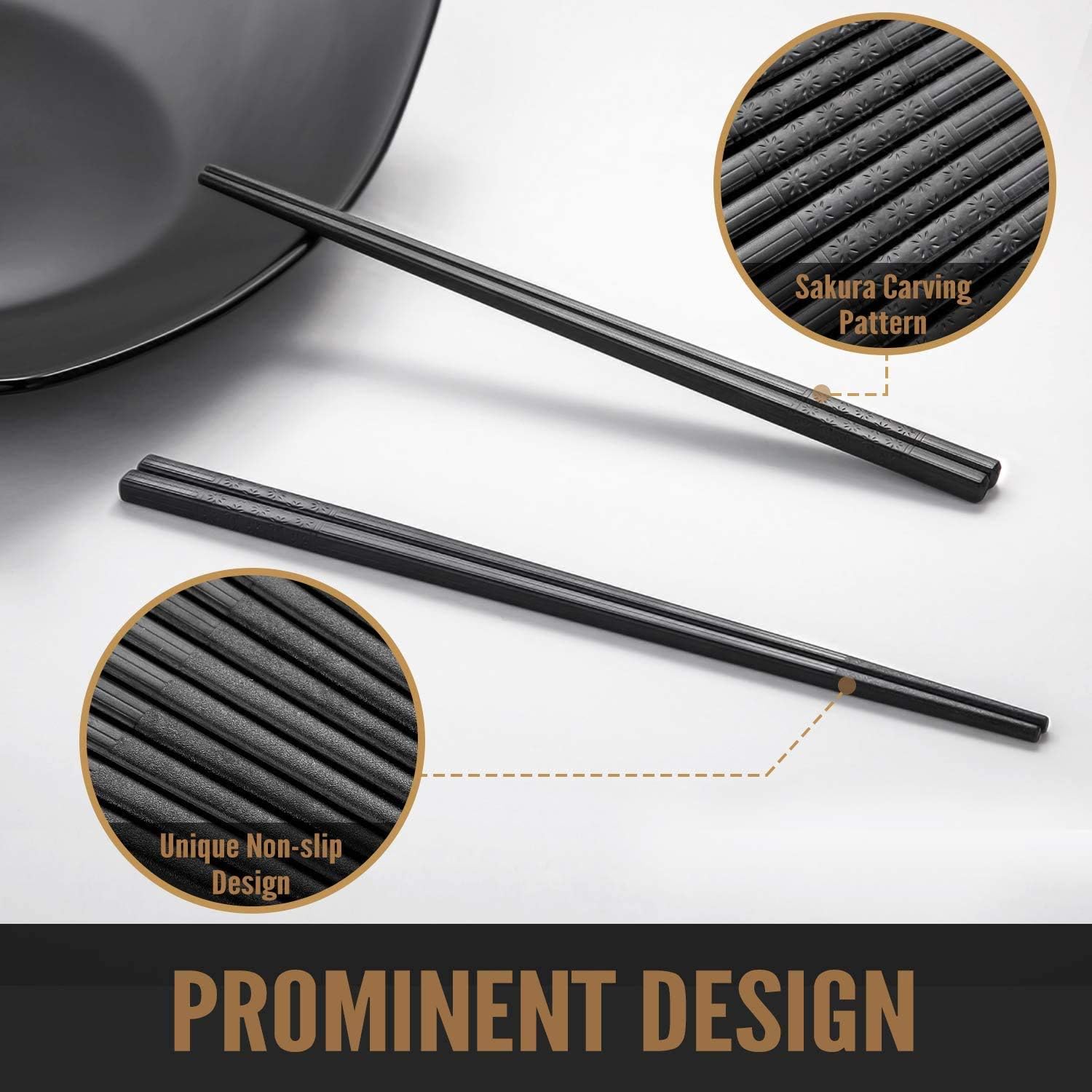 HIWARE 10 Pairs Fiberglass Chopsticks - Reusable Chopsticks Dishwasher Safe, 9 1/2 Inches - Black-3