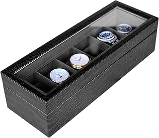 CASE ELEGANCE Crocodile Texture Faux Leather Watch Box Men/Women Watch Storage Box Organizer with Glass Lid 6 Compartments