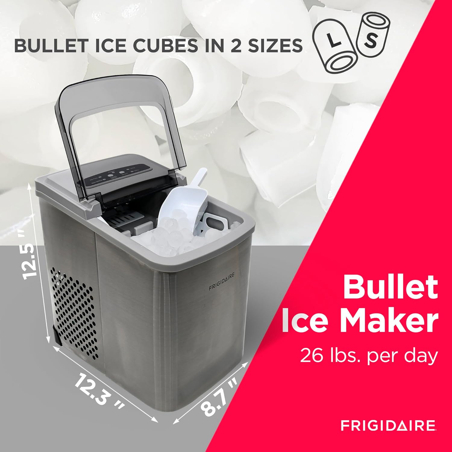 Frigidaire Countertop Ice Maker, Compact Machine, 26 lbs per day, Stainless-1