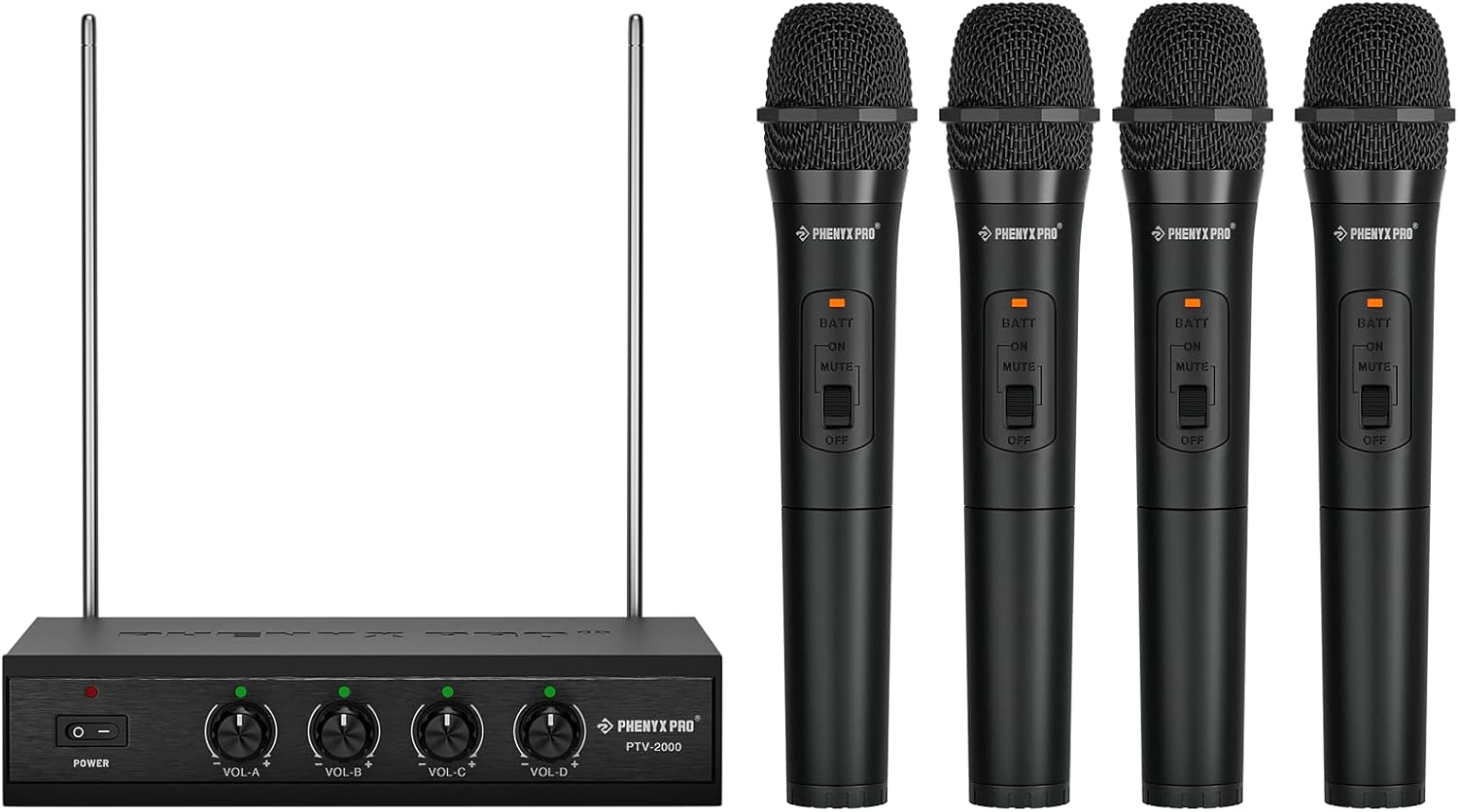 Phenyx Pro Wireless Microphone System, 4 Channel VHF Wireless Mics, w/ 4 Handheld Dynamic Microphones, Metal Receiver, Long Range, Microphone for Singing, Karaoke, Church (PTV-2000A)-0