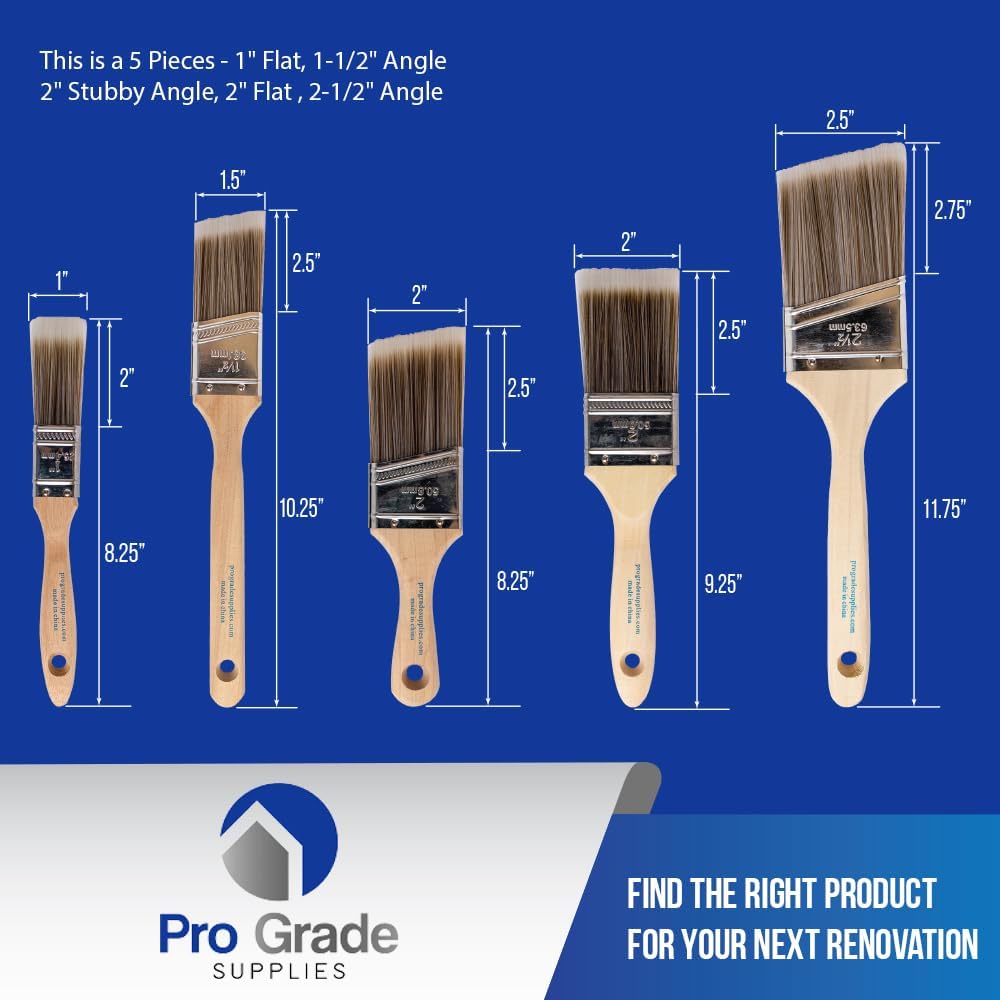 Pro Grade- Paint Brushes - 5 Piece Flat and Angle, Paint Brush for All Latex and Oil Paints & Stains - Home Improvement - Interior & Exterior Use Paint Brush-1