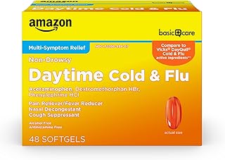 Amazon Basic Care Daytime Cold and Flu Relief Liquid Caps Softgel, Non-Drowsy Cold Medicine, Relief of Pain, Fever, Cough, Sore Throat, Nasal Congestion, 48 Count