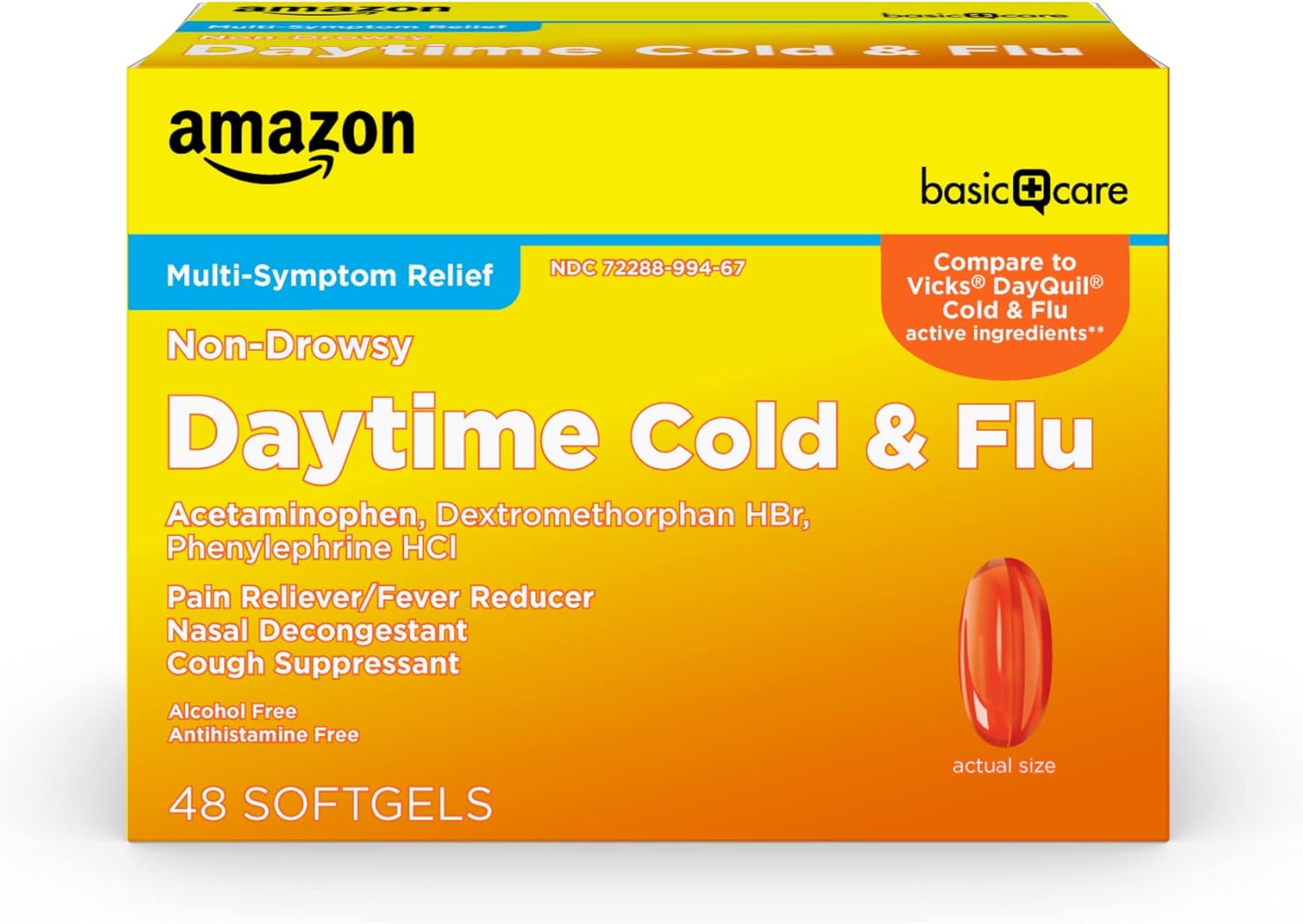 Amazon Basic Care Daytime Cold and Flu Relief Liquid Caps Softgel, Non-Drowsy Cold Medicine, Relief of Pain, Fever, Cough, Sore Throat, Nasal Congestion, 48 Count-0