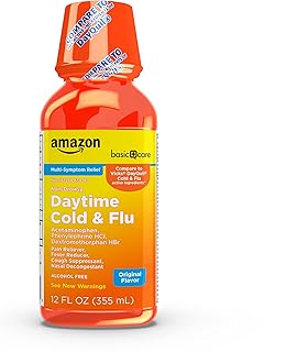 Amazon Basic Care Daytime Cold and Flu Relief, Non-Drowsy, Liquid Medicine, Original Flavor, 12 fl oz (Pack of 1)