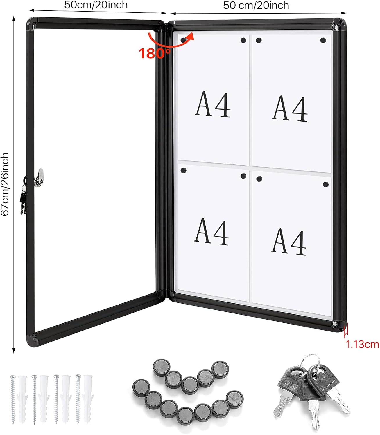 Swansea Enclosed Notice Board Magnetic Bulletin Boards for Office with Locking Door,Black Frame, 26x20inch(4XA4-1