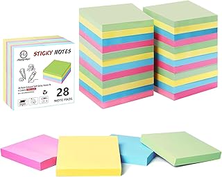 HappyHapi Sticky Notes 3x3 Inches Bulk 28 Pack 2800 Sheets Colored Self-Stick Pads, 100 Sheets/Pad, 4 Bright Colors (Yellow, Green, Pink, Blue) for Office Supplies, School, Home