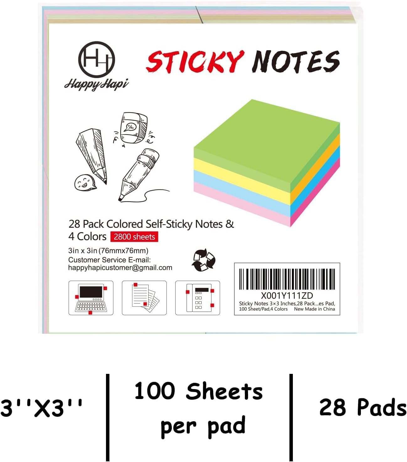 HappyHapi Sticky Notes 3x3 Inches Bulk 28 Pack 2800 Sheets Colored Self-Stick Pads, 100 Sheets/Pad, 4 Bright Colors (Yellow, Green, Pink, Blue) for Office Supplies, School, Home-2