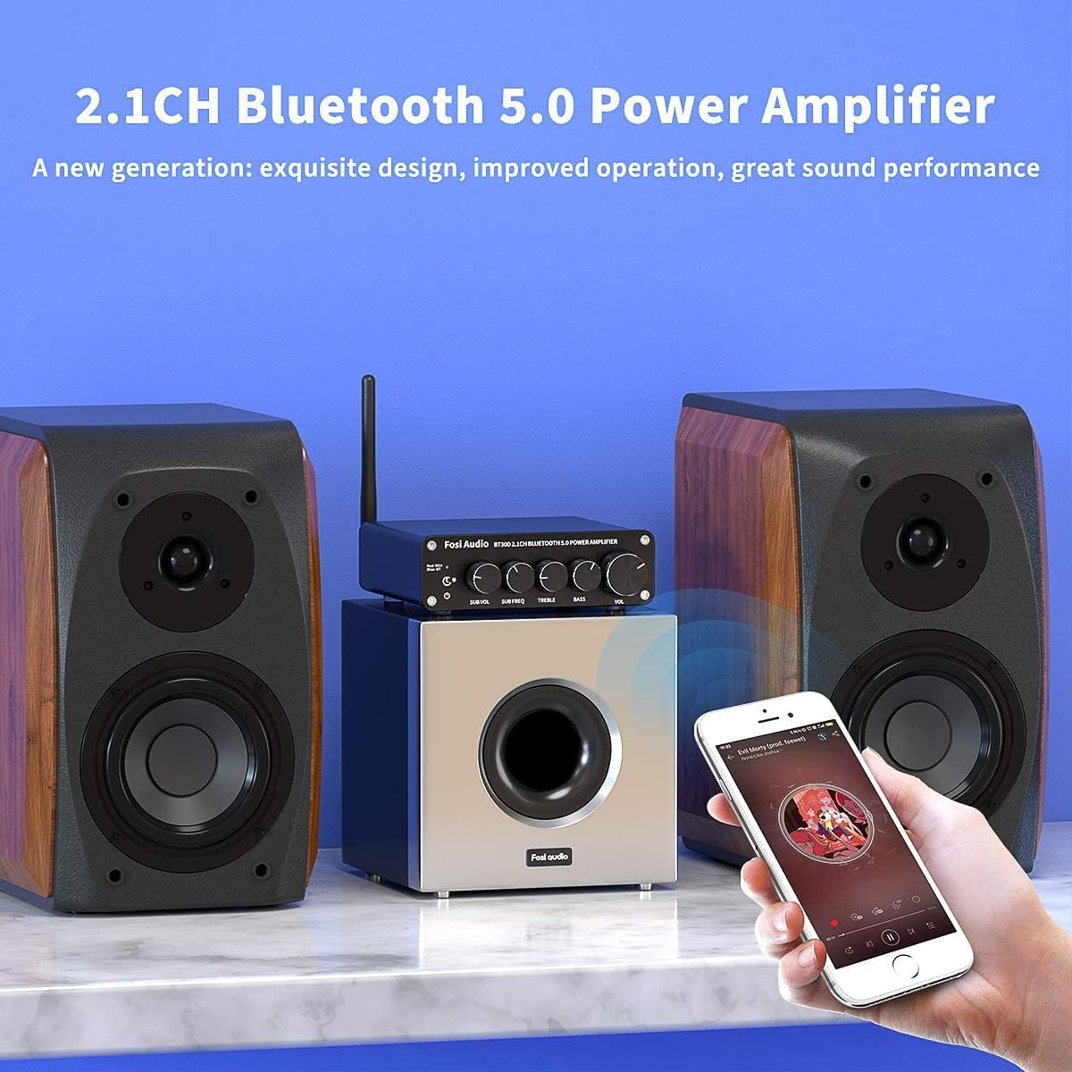 Fosi Audio BT30D Bluetooth 5.0 Stereo Audio Receiver Amplifier 2.1 Channel Mini Hi-Fi Class D Integrated Amp 50 Watt x2+100 Watt for Home Outdoor Passive Speakers/Subwoofer Powered Subwoofer-2