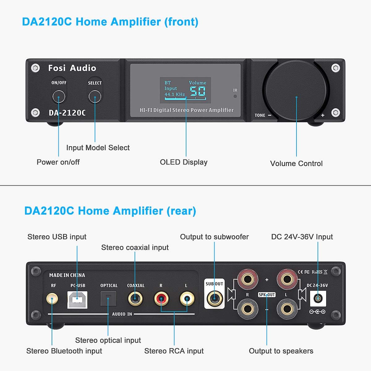 Fosi Audio DA2120C 240W Bluetooth 5.0 Stereo Audio Hi-Fi DAC Amplifier Support aptX 24Bit-192kHz 2.1 Channel Integrated Class D Power Amp with RCA/PC-USB/Coaxial/Optical Input and Remote Control-2