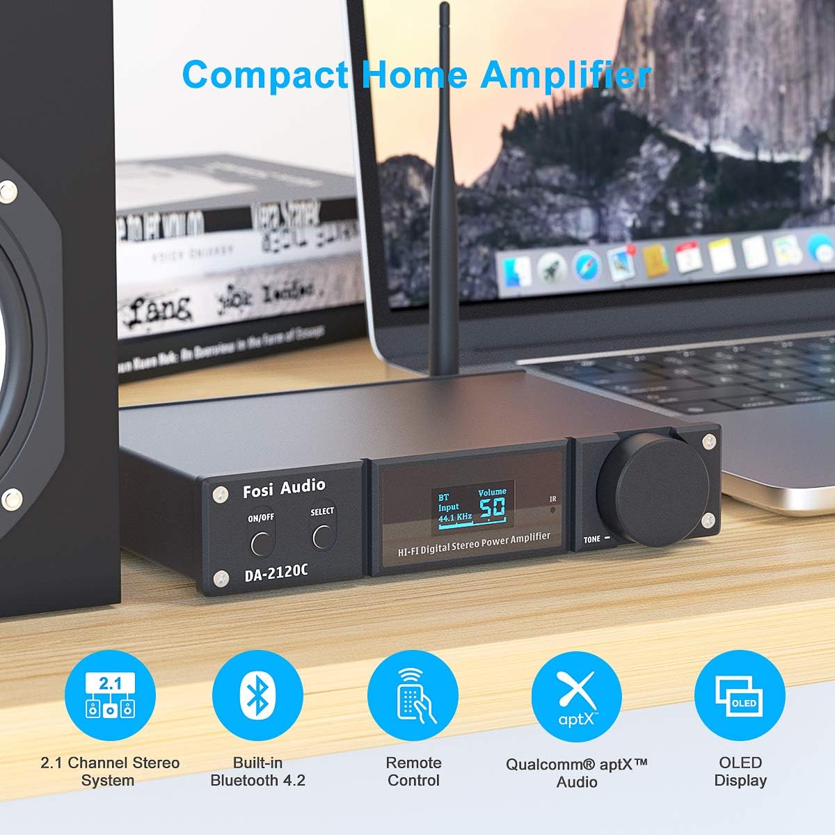 Fosi Audio DA2120C 240W Bluetooth 5.0 Stereo Audio Hi-Fi DAC Amplifier Support aptX 24Bit-192kHz 2.1 Channel Integrated Class D Power Amp with RCA/PC-USB/Coaxial/Optical Input and Remote Control-4