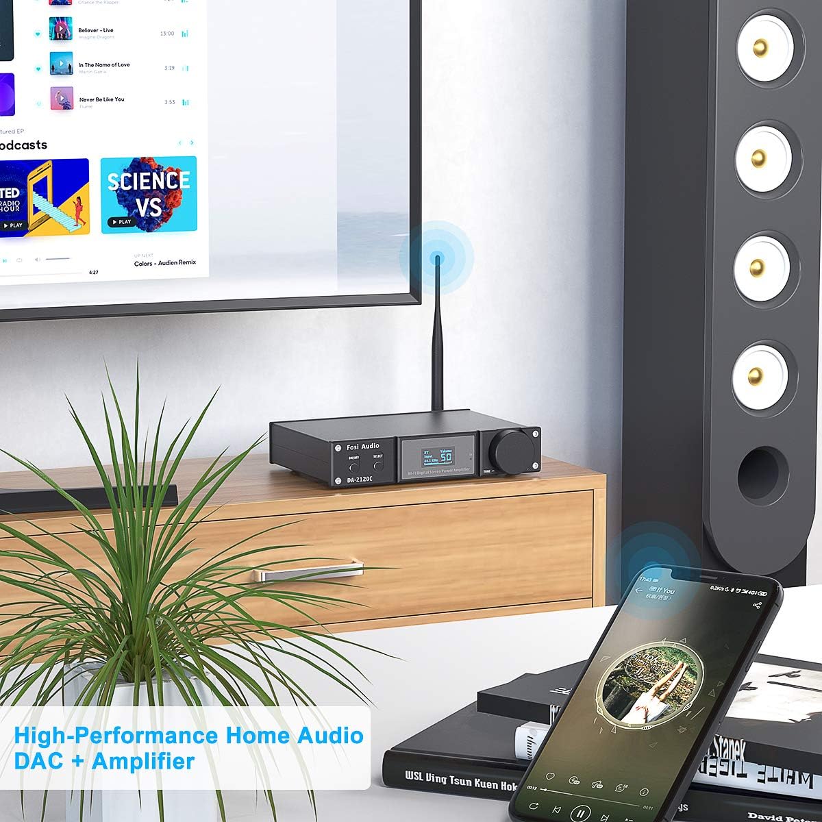 Fosi Audio DA2120C 240W Bluetooth 5.0 Stereo Audio Hi-Fi DAC Amplifier Support aptX 24Bit-192kHz 2.1 Channel Integrated Class D Power Amp with RCA/PC-USB/Coaxial/Optical Input and Remote Control-5