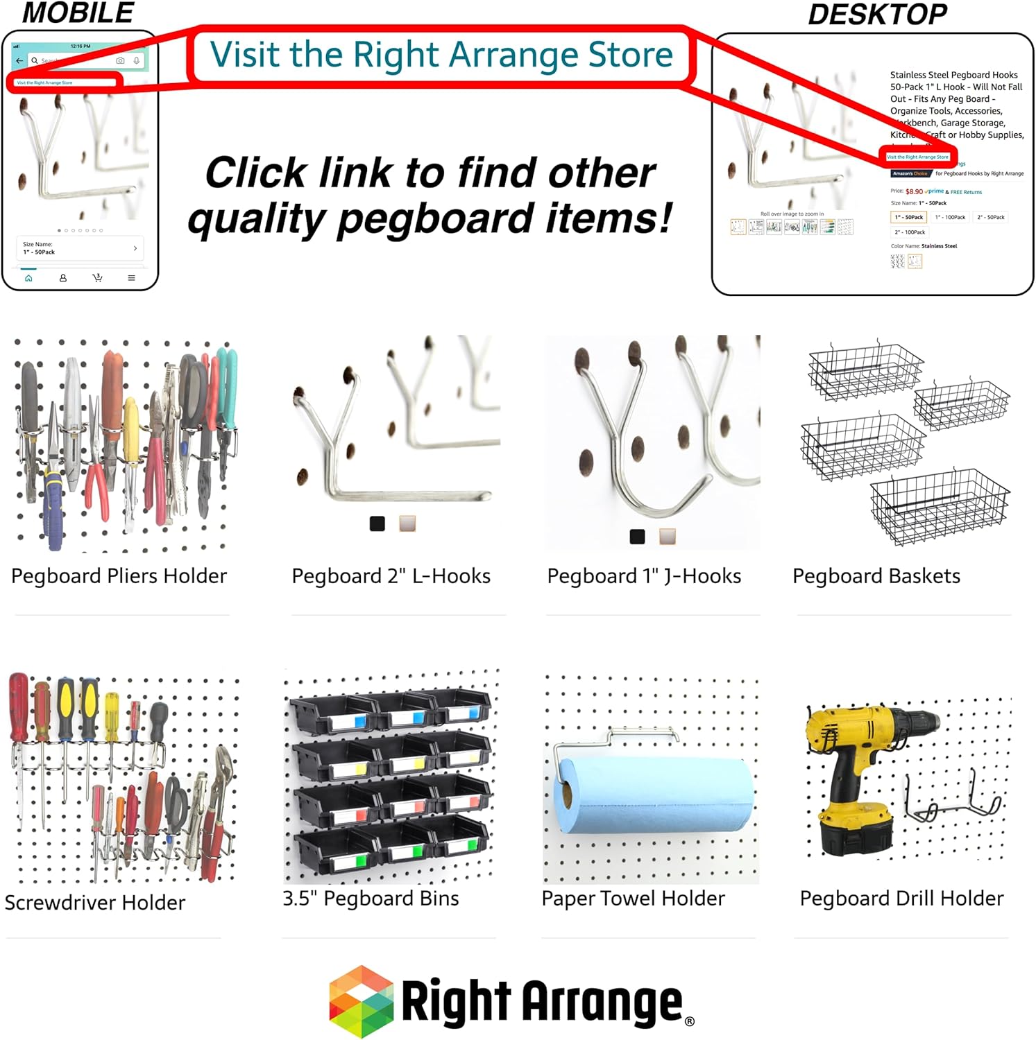 RightArrange One-Handed Tear Pegboard Paper Towel Holder - Stainless Steel - Hooks to Any Peg Board - Pegboard Accessories for Tool Shed, Garage, Workbench, Kitchen, Laundry or Craft Room Organization-5