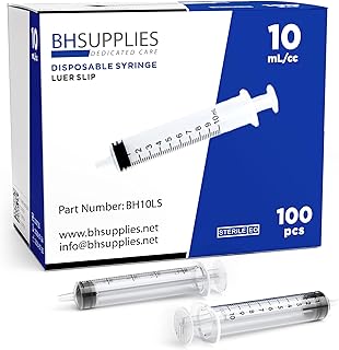 BH Supplies 10ml Luer Slip Tip Syringes (No Needle) - Sterile, Individually Wrapped - 100 Syringes