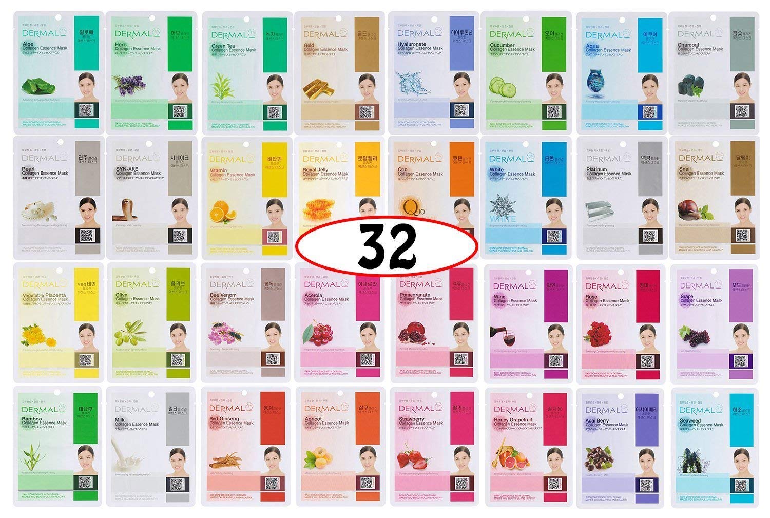 DERMAL 32 Combo A+B Set Collagen Essence Korean Face Mask - Hydrating and Soothing Facial Mask with Panthenol - Hypoallergenic Self Care Sheet Mask for All Skin Types - Natural Home Spa Treatment Mask-0