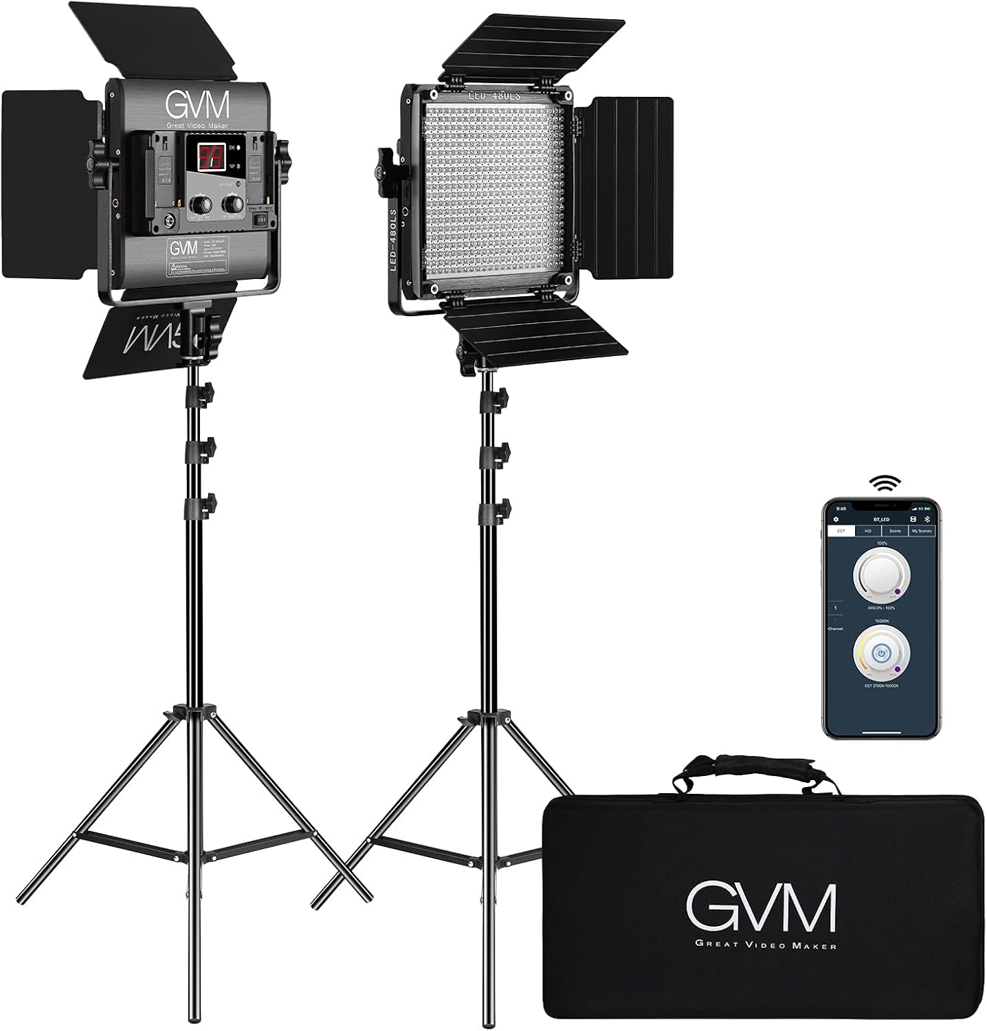 GVM 2 Pack LED Video Lighting Kits with APP Control, Bi-Color Variable 2300K~6800K with Digital Display Brightness of 10~100% for Video Photography, CRI97+ TLCI97 Led Video Light Panel +Barndoor-0