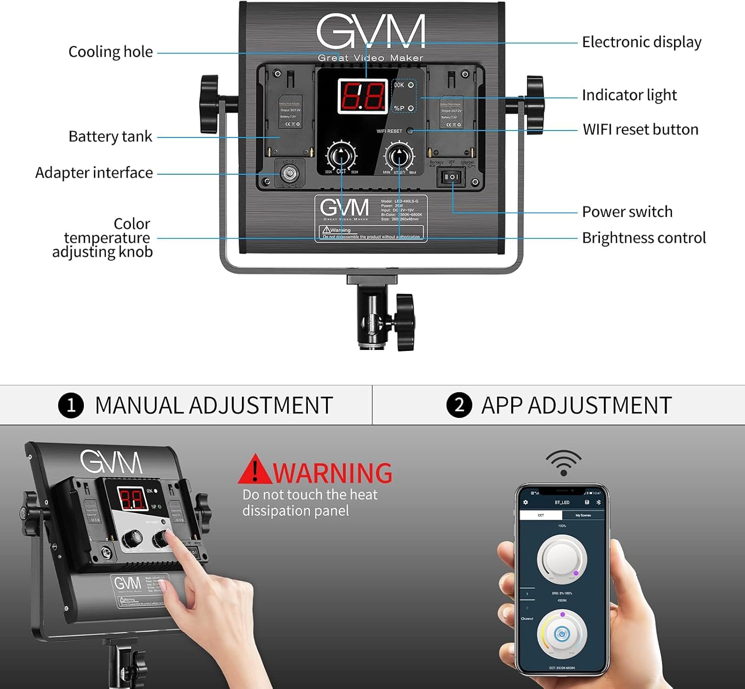 GVM 2 Pack LED Video Lighting Kits with APP Control, Bi-Color Variable 2300K~6800K with Digital Display Brightness of 10~100% for Video Photography, CRI97+ TLCI97 Led Video Light Panel +Barndoor-2