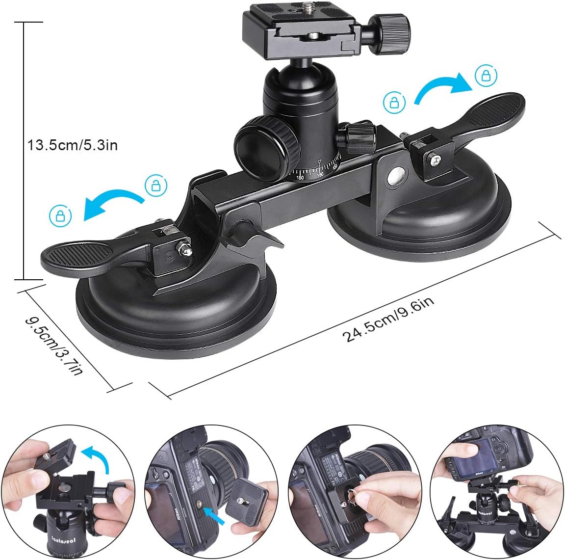 Professional Heavy Duty (20 lbs Load) DSLR Mirorrless Camera Suction Cup Car Mount Camcorder Vehicle Holder w/ 360°Panorama Ball Head + Quick Release Plate Compatible with Nikon Canon Sony RED BM-4