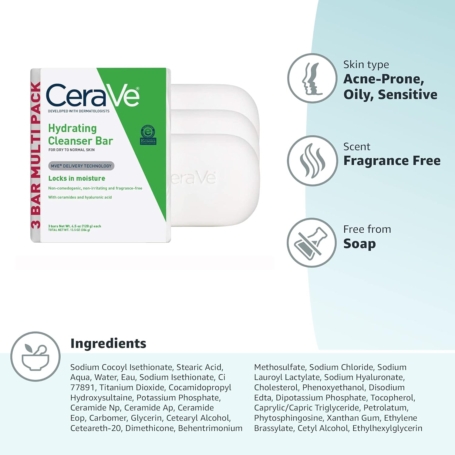 CeraVe Hydrating Cleanser Bar | Soap-Free Body and Facial Cleanser with 5% Moisturizing Cream | Fragrance-Free |3-Pack, 4.5 Ounce Each-7