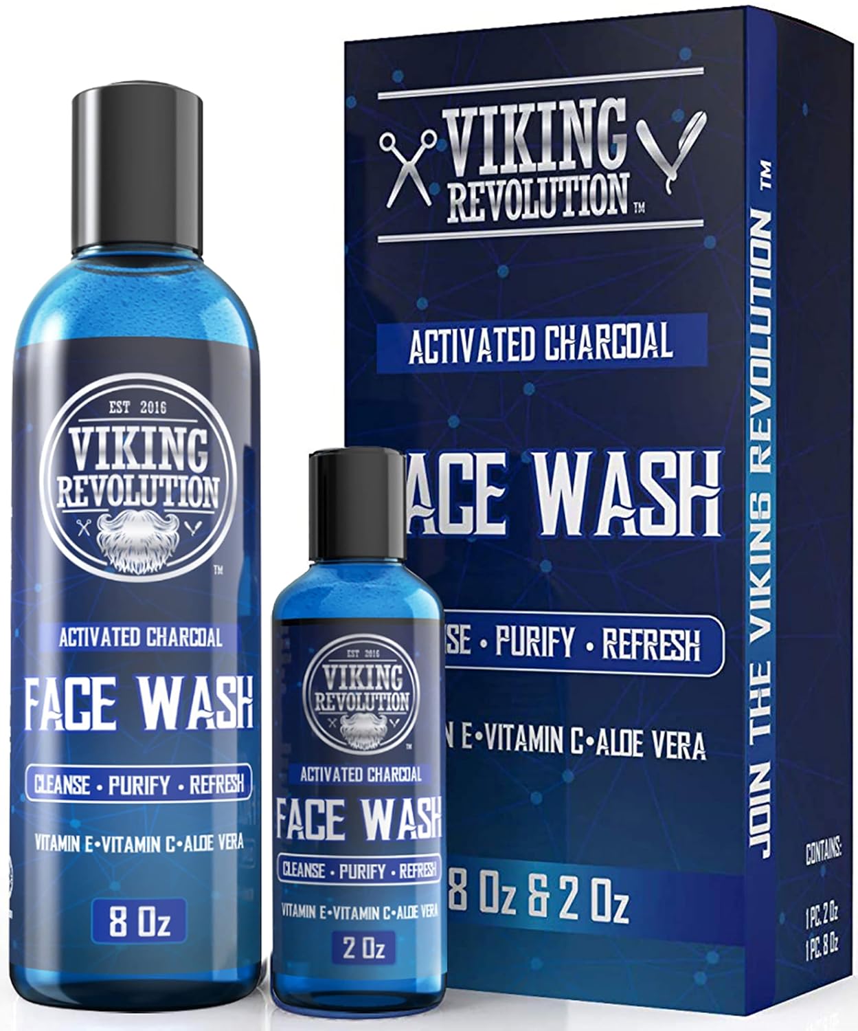 Viking Revolution Charcoal Face Wash for Men- Scrub Away Dirt and Toxins, Skin Cleaning Agent - Cleanse, Purify and Refresh - Daily Charcoal Facial Cleanser - 8 Fl Oz plus a 2 Fl Oz, 2 Piece Set-0