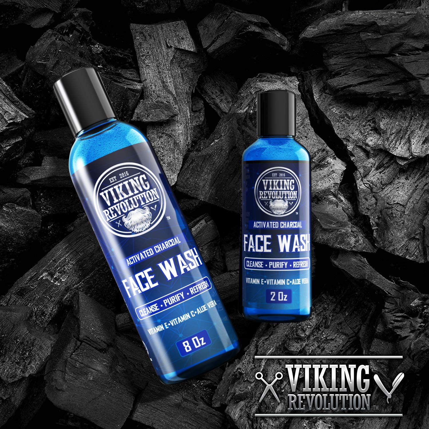 Viking Revolution Charcoal Face Wash for Men- Scrub Away Dirt and Toxins, Skin Cleaning Agent - Cleanse, Purify and Refresh - Daily Charcoal Facial Cleanser - 8 Fl Oz plus a 2 Fl Oz, 2 Piece Set-1