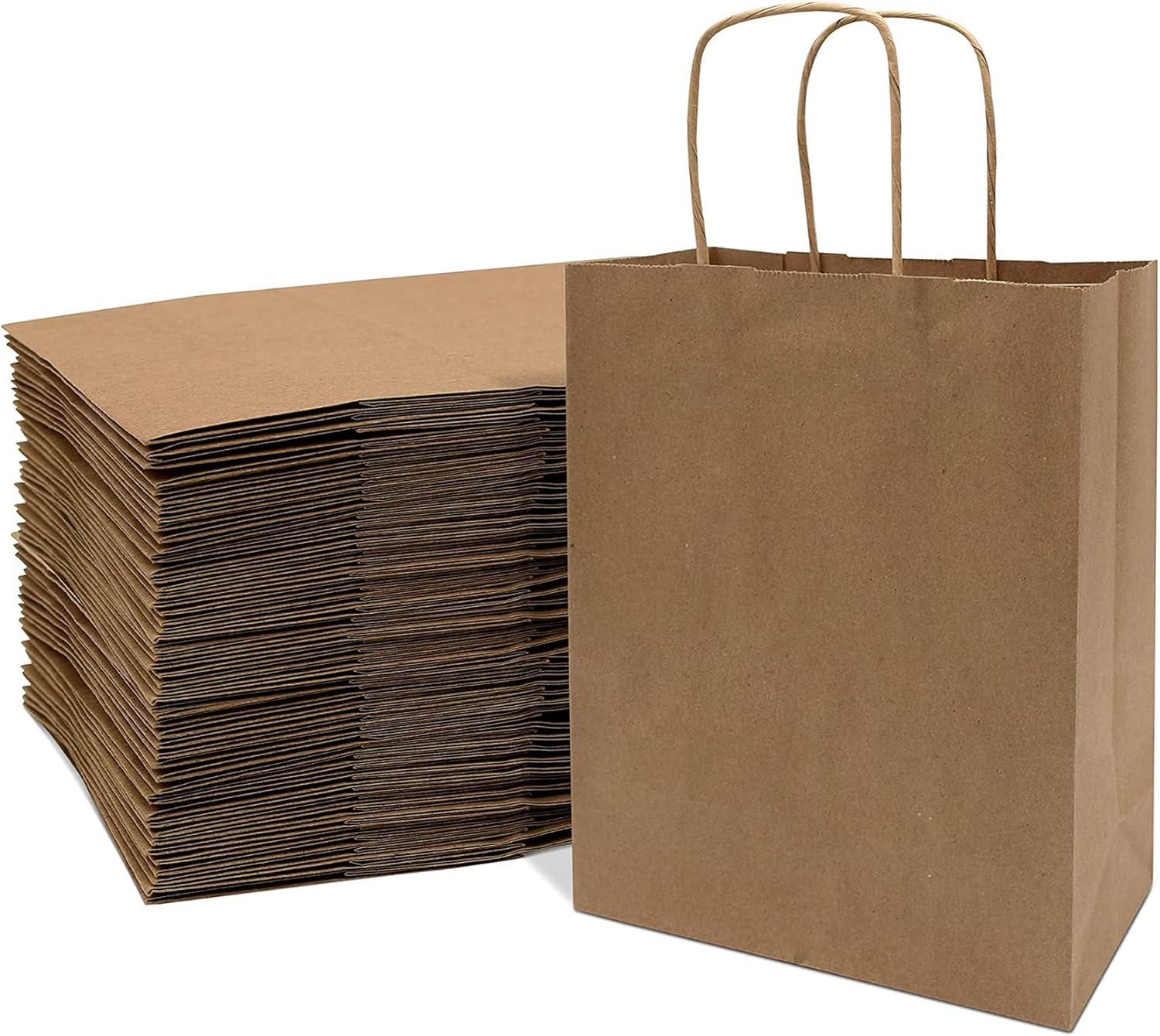 Prime Line Packaging - 8x4x10 Inch 100 Pack Kraft Paper Bags, Brown Gift Bags with Handles, Small Craft Shopping Bags in Bulk for Boutiques, Small Business, Retail Stores, Gifts & Merchandise-0