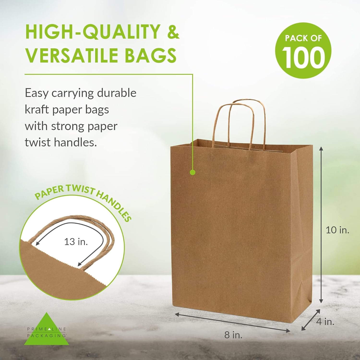 Prime Line Packaging - 8x4x10 Inch 100 Pack Kraft Paper Bags, Brown Gift Bags with Handles, Small Craft Shopping Bags in Bulk for Boutiques, Small Business, Retail Stores, Gifts & Merchandise-3